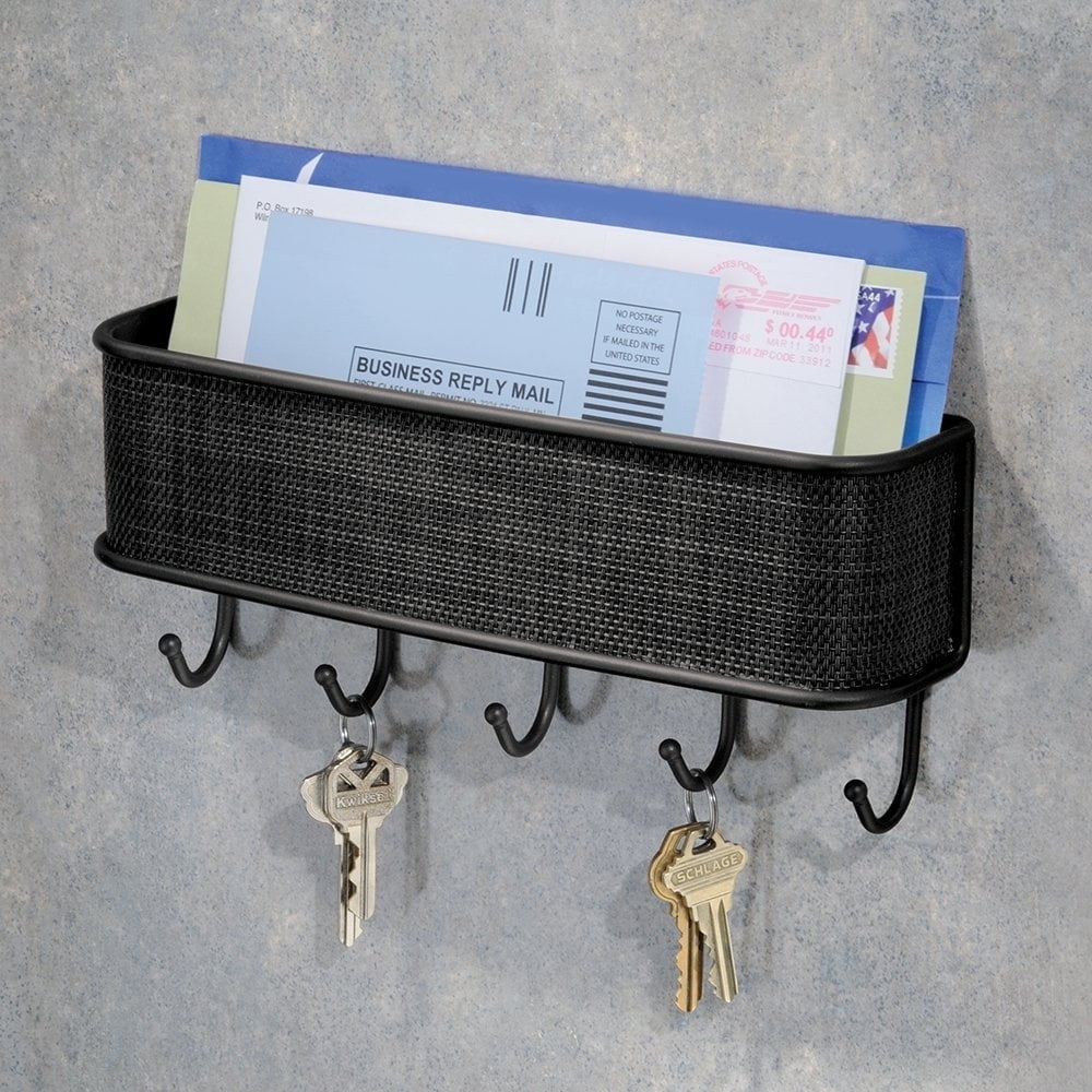 Key Holder for Wall, Wall-Mounted Mail Organizer with 5 Hooks, Decorative Retro Hanging Organizer Rustic Farmhouse Decor for Entryway - Black