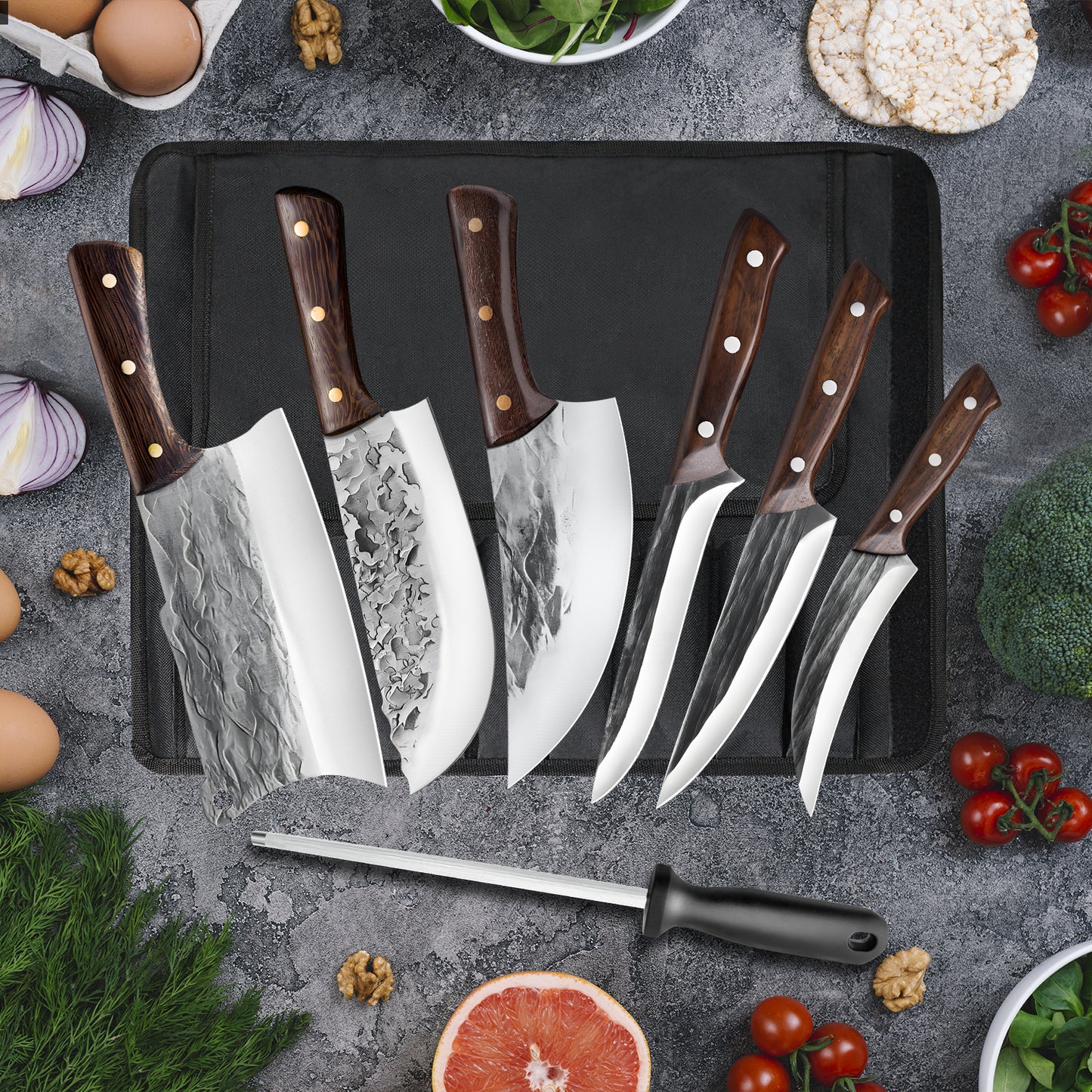 MDHAND 7PCS Butcher Knife Set, Hand Forged Meat Cleaver Knife,Meat Cutting Kitchen Knife Set for Home, Outdoor Cooking, Camping BBQ