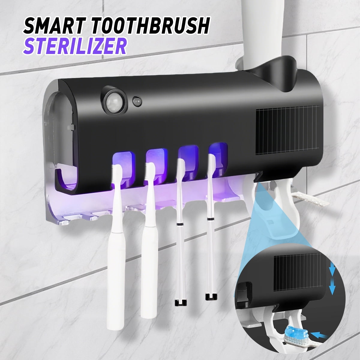 MDHAND Toothbrush Holders for Bathrooms, UV Toothbrush Sanitizer Wall Mounted with Toothpaste Dispenser, Large Capacity Tray, Black