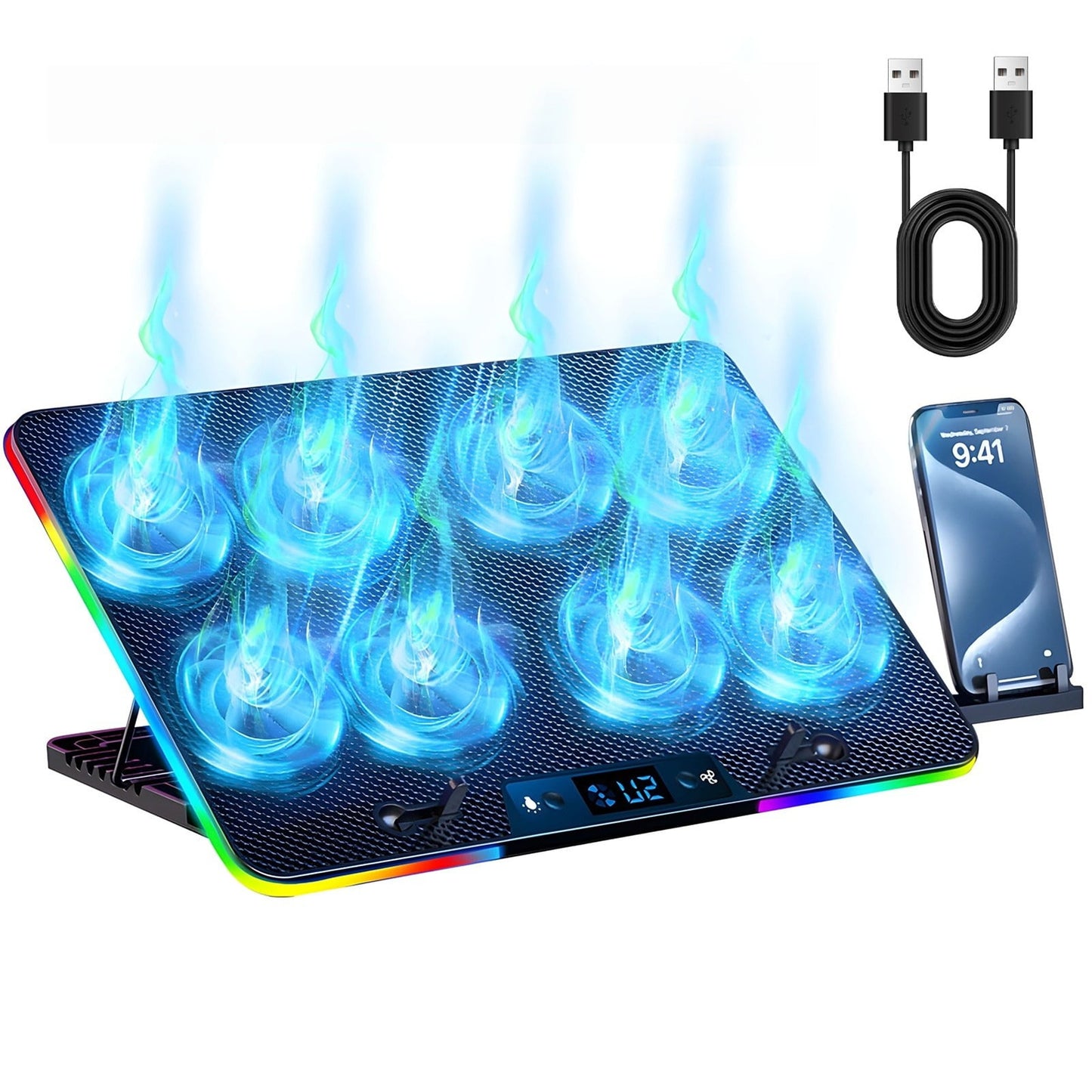 Laptop Cooling Pad with 8 Quiet Fans, 7 Height Adjustable RGB Laptop Cooler, 2 USB Port, Mobile Phone Holde, LCD display for within 17" Laptop