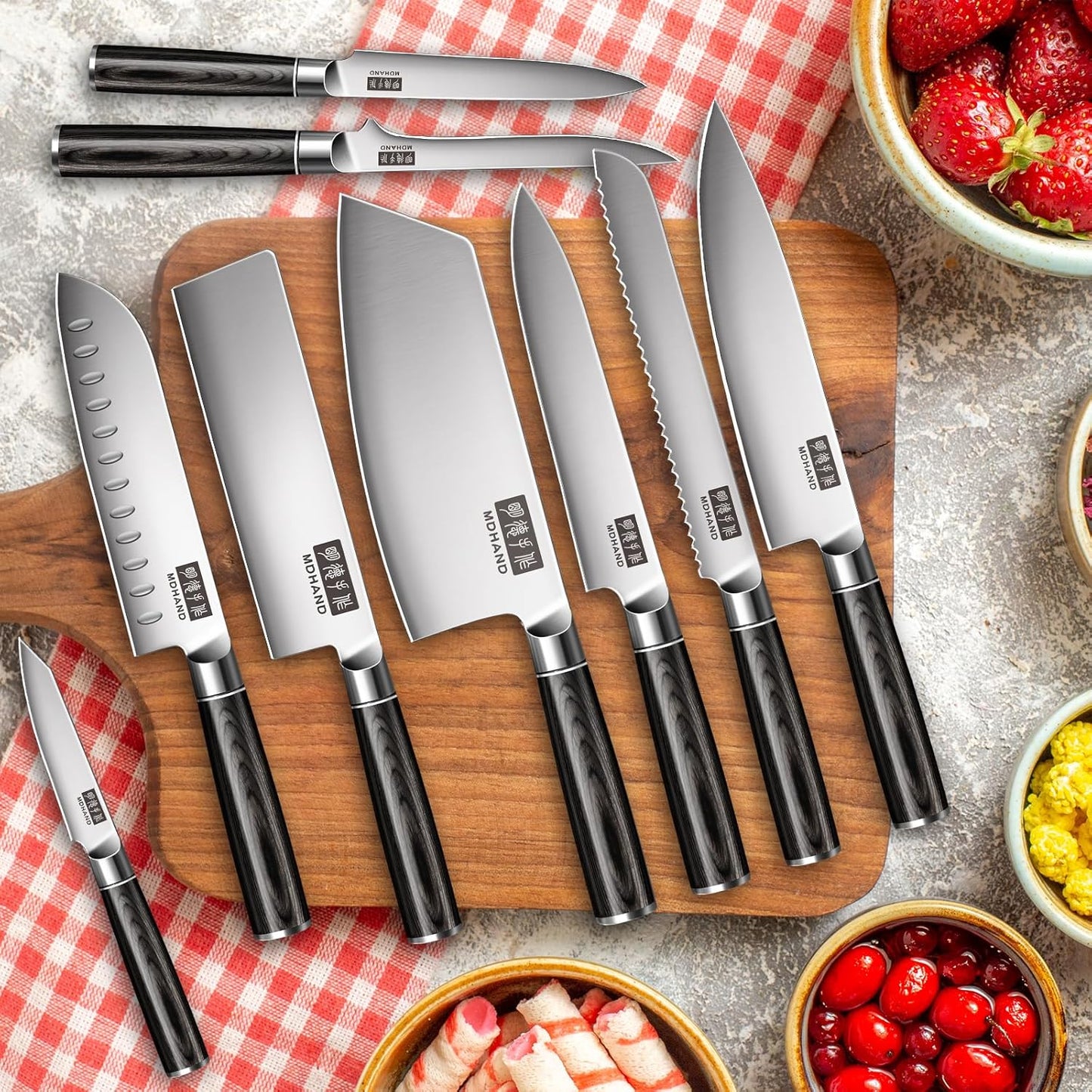 MDHAND Chef Knife Set with Roll Bag, 10PCS Professional Knife Set with Sharpener, High Carbon Stainless Steel Japanese Kitchen Knives - Black Pakkawood Handle, Dishwasher Safe, For Outdoor, Chef Gifts