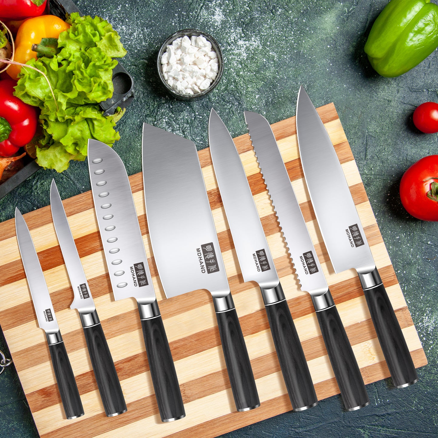 MDHAND Kitchen Knife Set - 7 Piece High-Carbon Stainless Steel Chef Knife Set, Ultra Sharp Professional Knives Set for Meat Vegetables Fruit, Rust Resistant, Ergonomic Handle