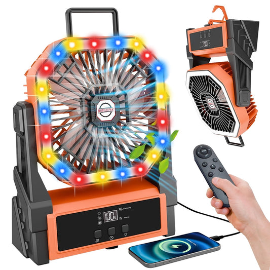 MDHAND Camping Fan, 20000mAh Portable Battery Operated Outdoor Fan with LED Lantern & Remote Contro, Personal Rechargeable Desk Fan for Travel, Hiking, Fishing, Picnic, Orange