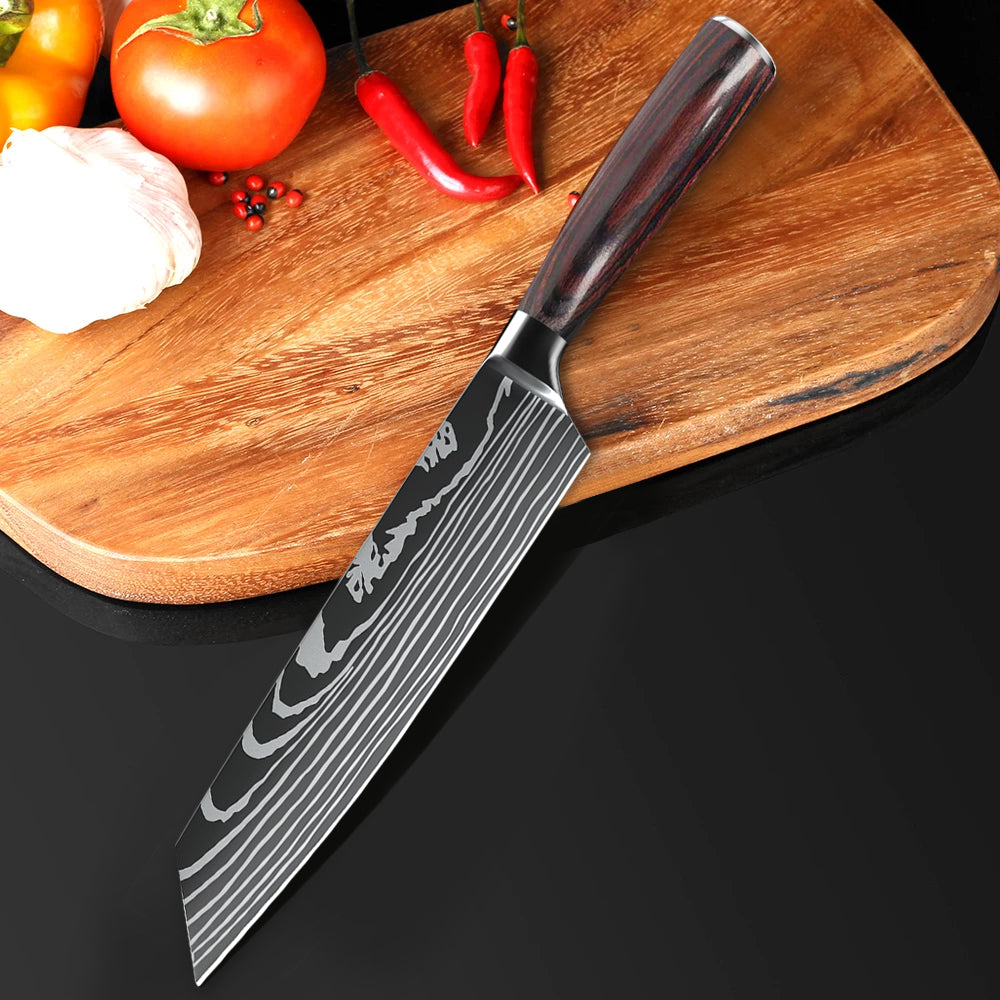 MDHAND 10 Types of Chef Knives, Kitchen Knife with Pattern, Stainless Steel Kitchen Knife with Knife Cover