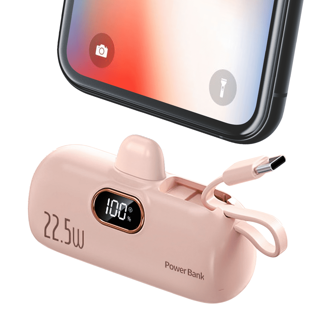 MDHAND 5000mAh Portable Charger Power Bank with LED Display, Built-in USB-C Cable, Mini Fast Charger Battery Pack, Pink