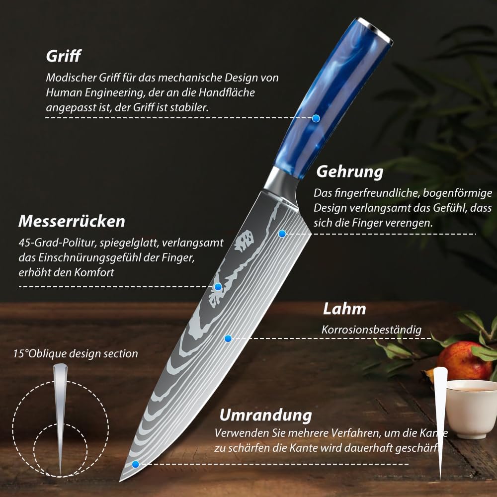 MDHAND Messerset,8-teiliges Multifunktionales Küchenmesser Set,Super scharf Kochmesser Set,Ergonomischer Griff aus Harz für Haus und Restaurant