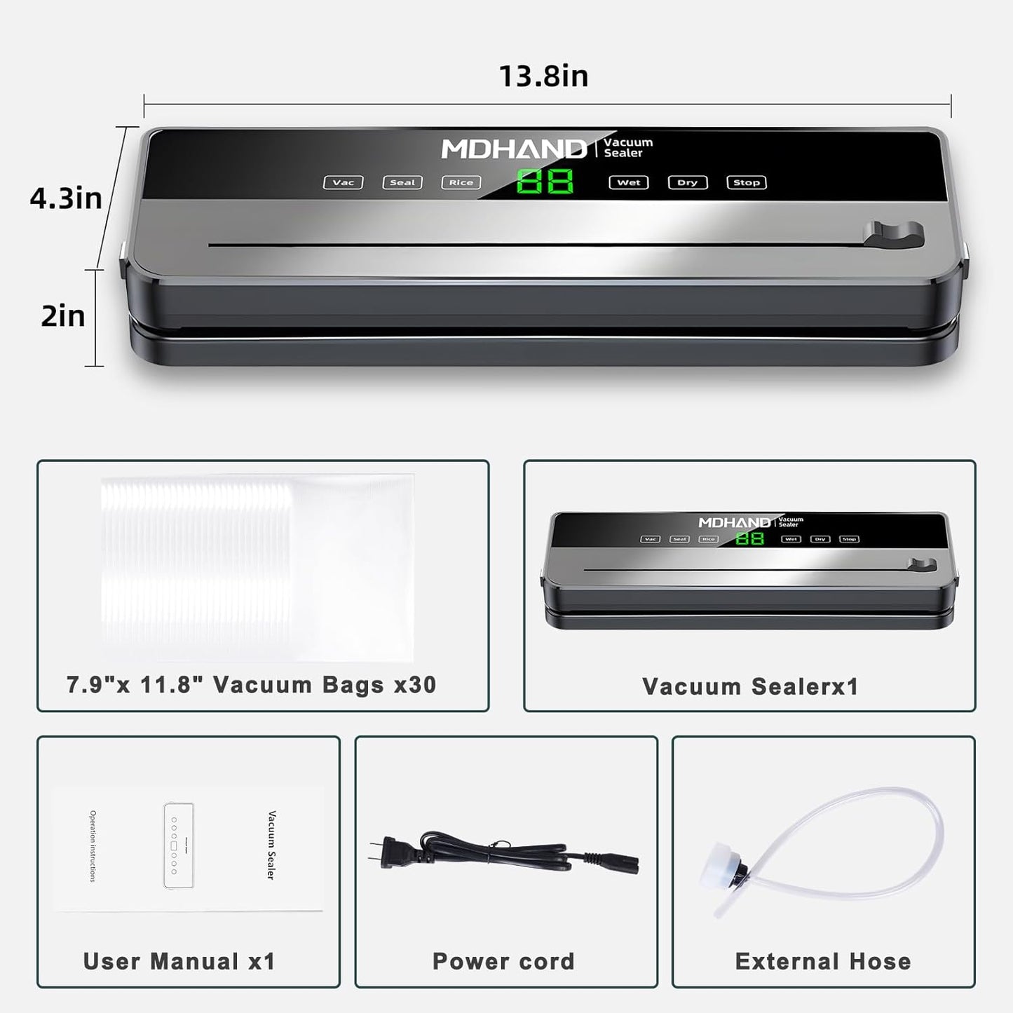 MDHAND Vacuum Sealer - 6 IN 1 Food Saver Vacuum Sealer Machine with 30 Bags & Built-in Cutter, Multi-Functional Strong Suction Automatic Sealing & Dry & Moist Modes Ideal for Home Kitchen Use