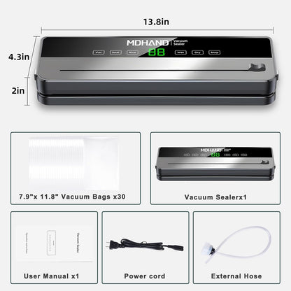 MDHAND Vacuum Sealer - 6 IN 1 Food Saver Vacuum Sealer Machine with 30 Bags & Built-in Cutter, Multi-Functional Strong Suction Automatic Sealing & Dry & Moist Modes Ideal for Home Kitchen Use