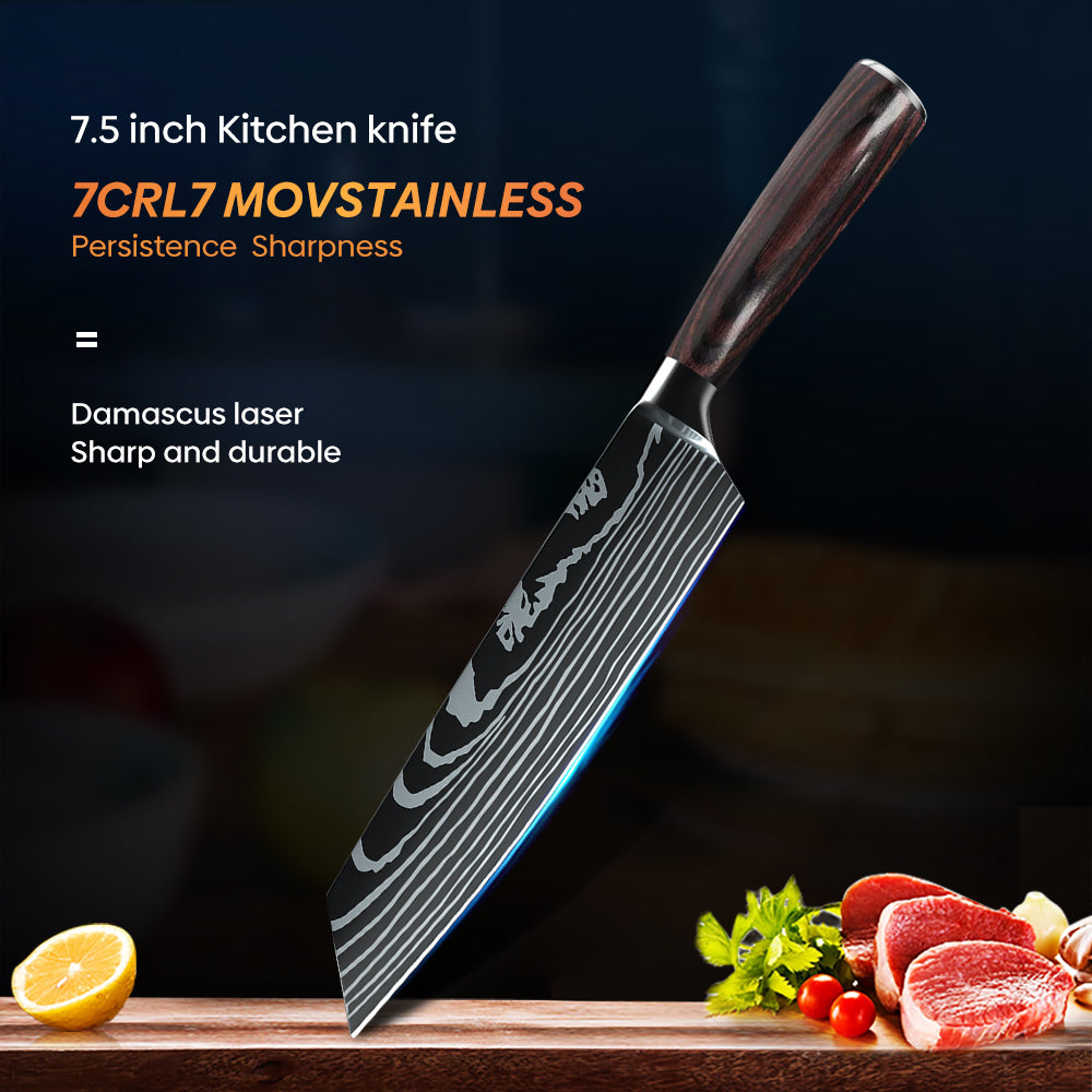 MDHAND 10 Types of Chef Knives, Kitchen Knife with Pattern, Stainless Steel Kitchen Knife with Knife Cover