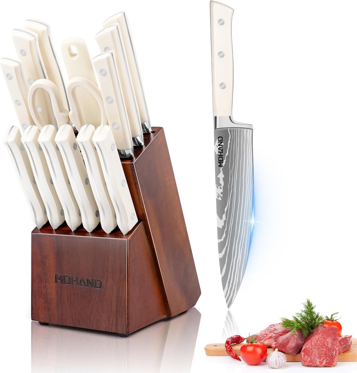 Messerblock mit Messerset, Profi Messerset mit 6 pcs Küchenmesser, 6 Steak Messer, Schere, Messerschärfer und Messerhalter, Hochwertiges Küchenmesser Set mit Block, Scharf Profi Kochmesser Set