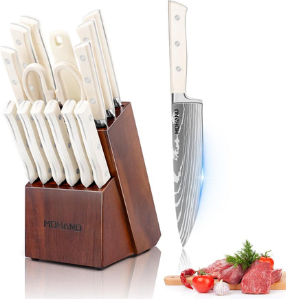 Messerblock mit Messerset, Profi Messerset mit 6 pcs Küchenmesser, 6 Steak Messer, Schere, Messerschärfer und Messerhalter, Hochwertiges Küchenmesser Set mit Block, Scharf Profi Kochmesser Set
