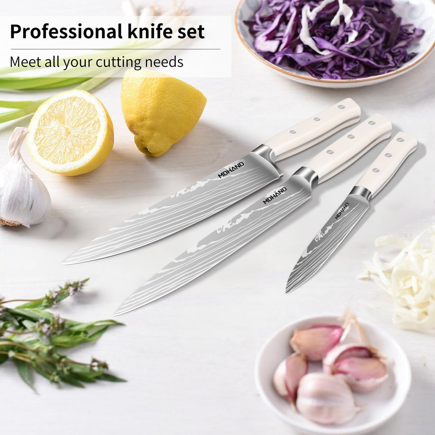 Messerblock mit Messerset, Profi Messerset mit 6 pcs Küchenmesser, 6 Steak Messer, Schere, Messerschärfer und Messerhalter, Hochwertiges Küchenmesser Set mit Block, Scharf Profi Kochmesser Set