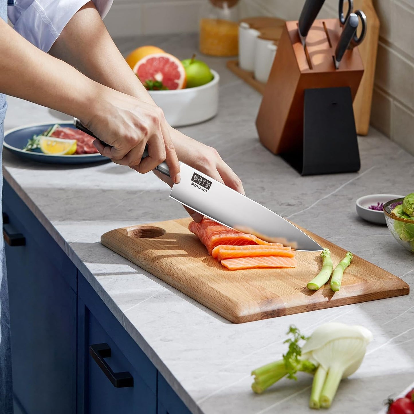 MDHAND Chef Knife Set with Roll Bag, 10PCS Professional Knife Set with Sharpener, High Carbon Stainless Steel Japanese Kitchen Knives - Black Pakkawood Handle, Dishwasher Safe, For Outdoor, Chef Gifts