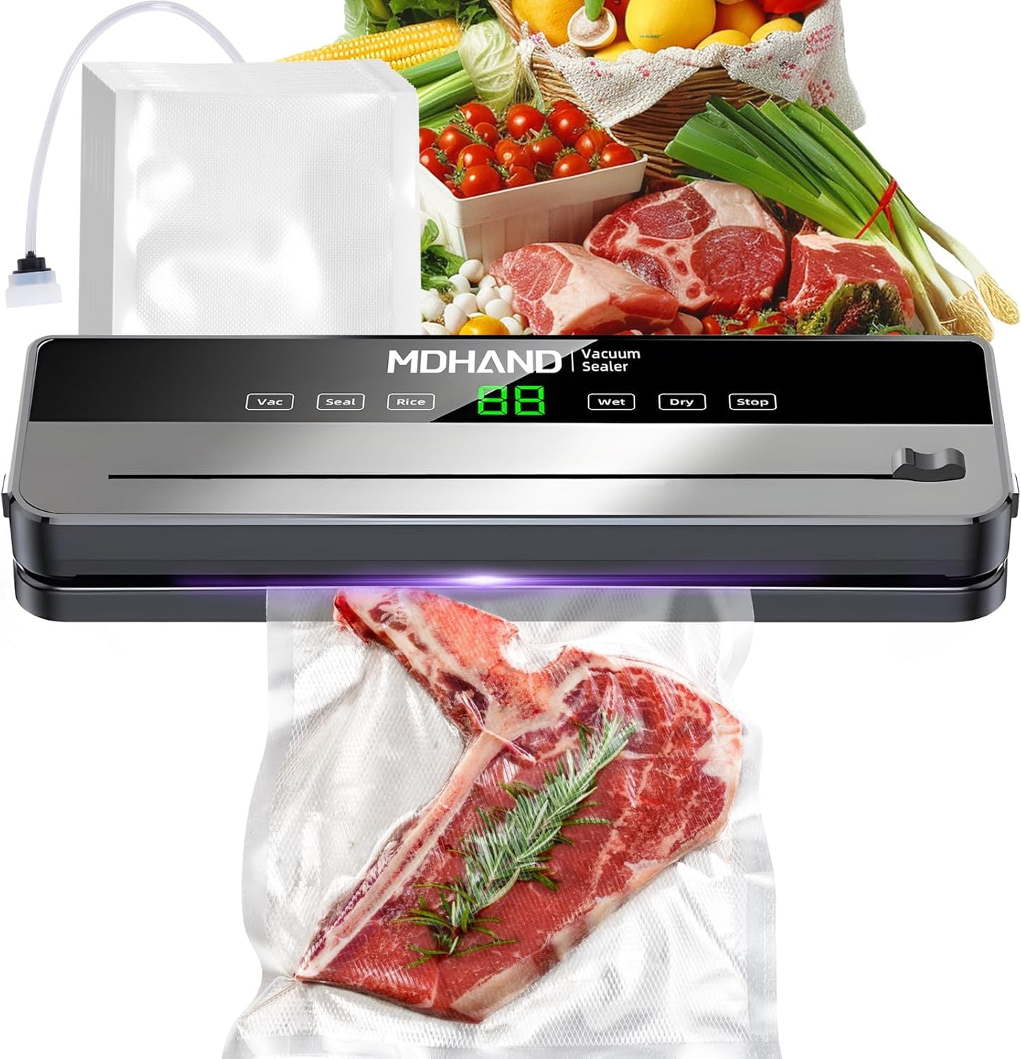 MDHAND Vacuum Sealer - 6 IN 1 Food Saver Vacuum Sealer Machine with 30 Bags & Built-in Cutter, Multi-Functional Strong Suction Automatic Sealing & Dry & Moist Modes Ideal for Home Kitchen Use