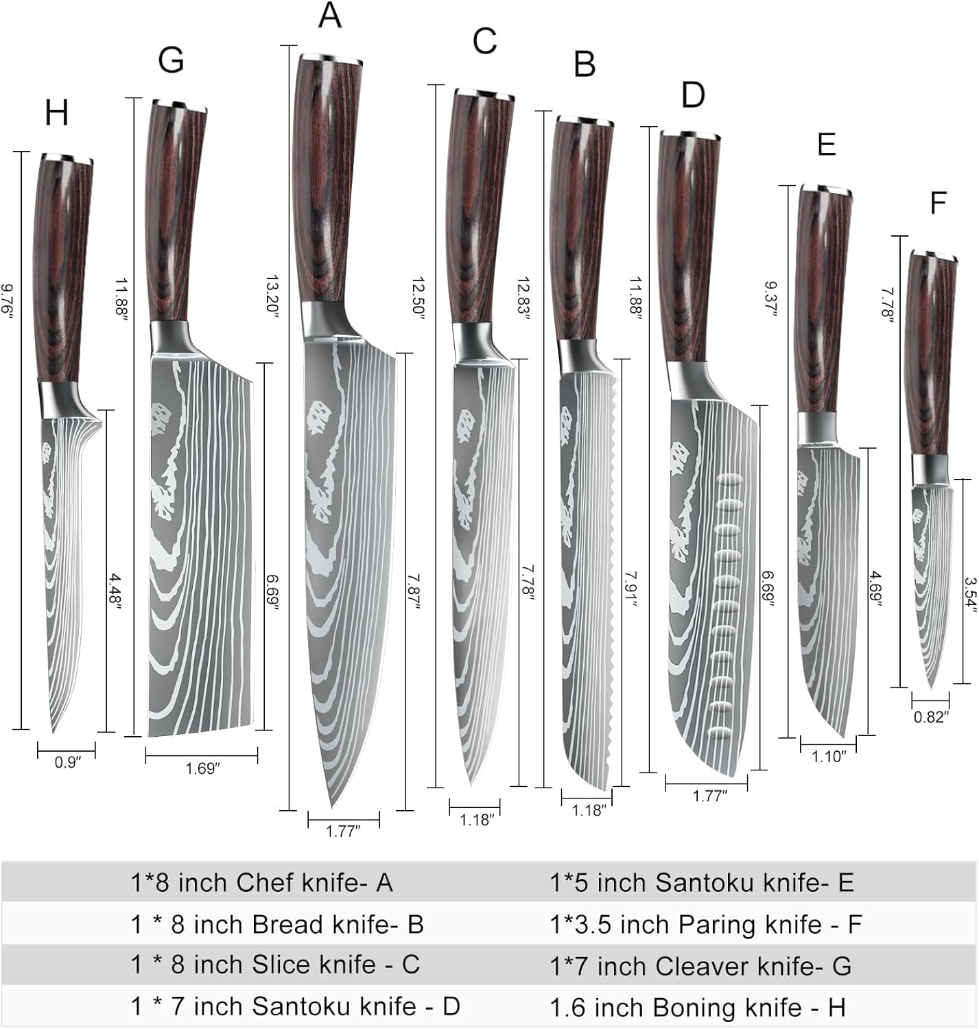 MDHAND Küchenmesser Set, 8-teiliges professionelles Messerset mit Tasche, Extrem Scharf Profi Kochmesser Set mit Ergonomischen Pakkaholz Griffen für Haus und Restaurant