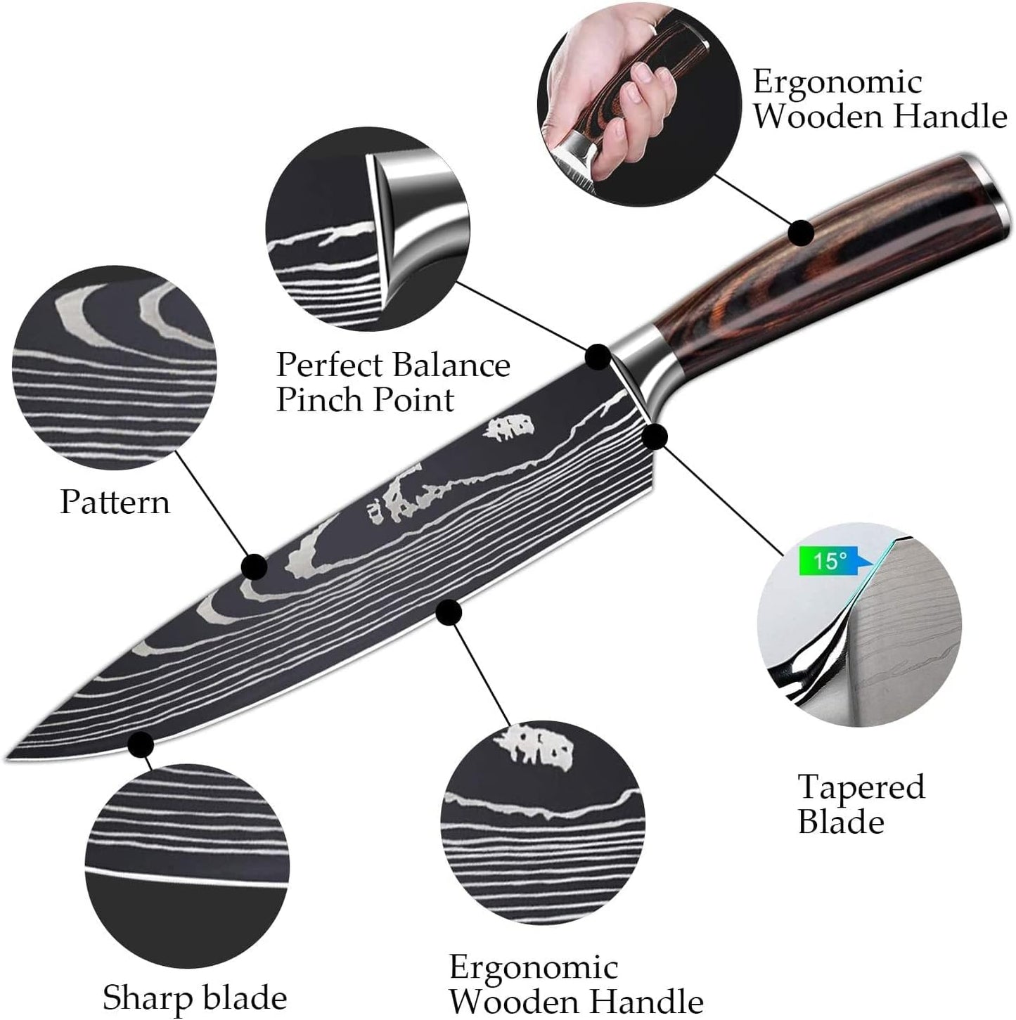 MDHAND MesserSet, 5-tlg Scharfe Küchenmesser Set aus Edelstahl in Mehreren Größen mit Bequemen Griff mit Kochmesser, Brotmesser, Santokumesser, Gemüsemesser, Rostschutz