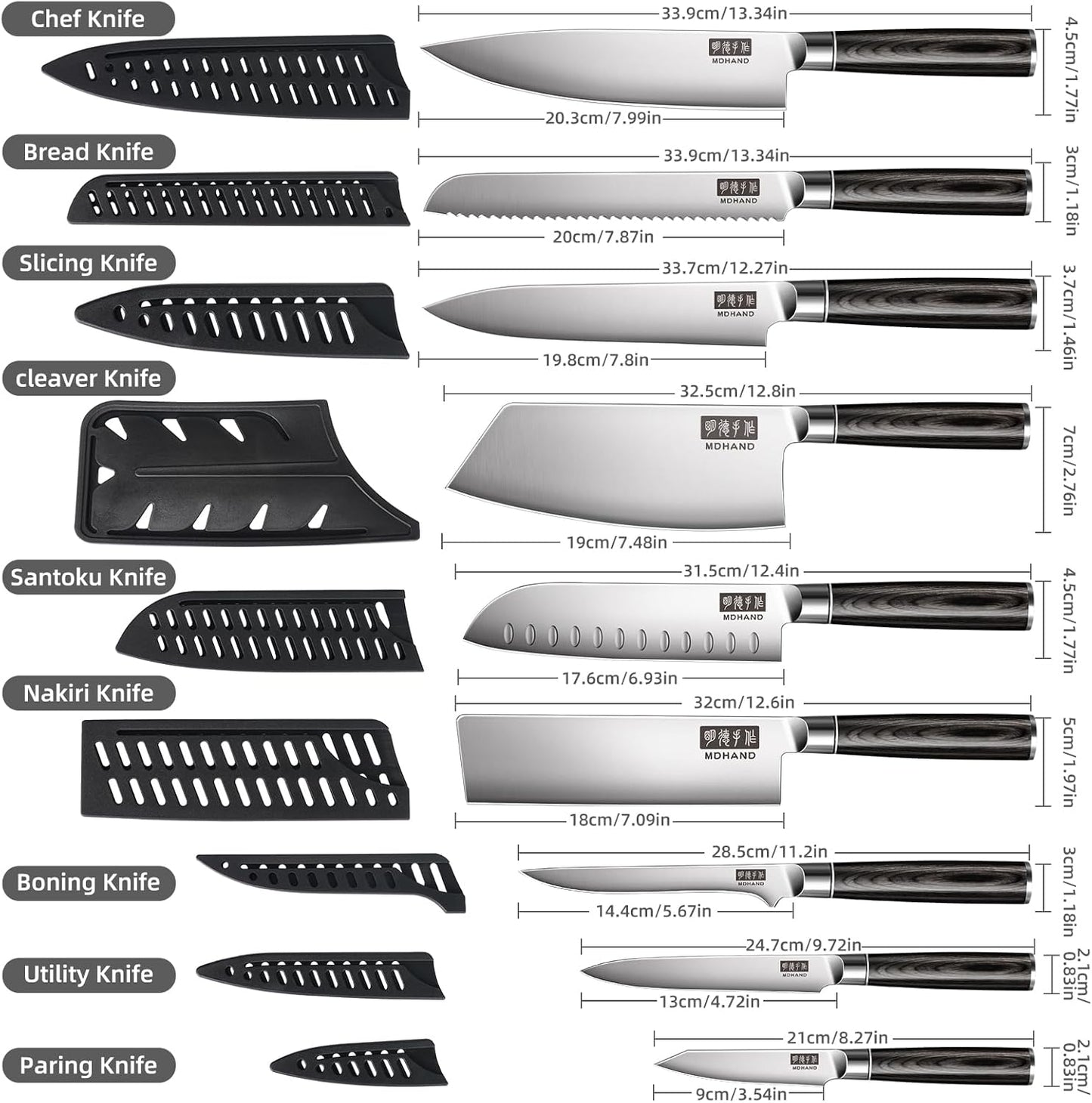 MDHAND Chef Knife Set with Roll Bag, 10PCS Professional Knife Set with Sharpener, High Carbon Stainless Steel Japanese Kitchen Knives - Black Pakkawood Handle, Dishwasher Safe, For Outdoor, Chef Gifts