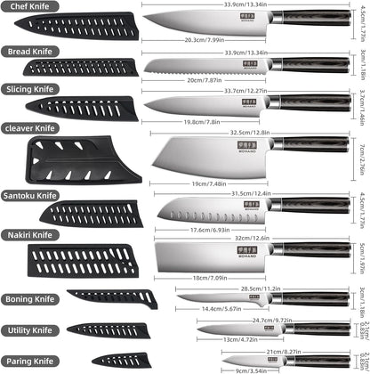 MDHAND Chef Knife Set with Roll Bag, 10PCS Professional Knife Set with Sharpener, High Carbon Stainless Steel Japanese Kitchen Knives - Black Pakkawood Handle, Dishwasher Safe, For Outdoor, Chef Gifts