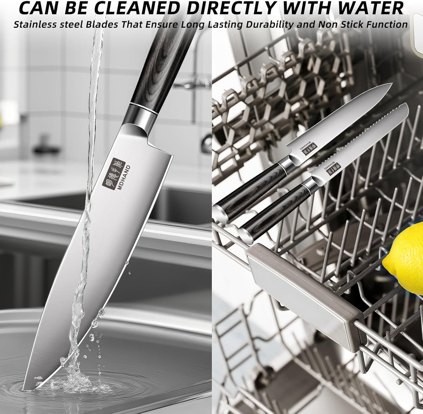 MDHAND Chef Knife Set with Roll Bag, 10PCS Professional Knife Set with Sharpener, High Carbon Stainless Steel Japanese Kitchen Knives - Black Pakkawood Handle, Dishwasher Safe, For Outdoor, Chef Gifts