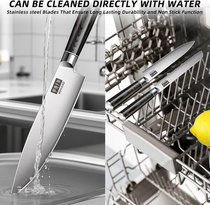 MDHAND Chef Knife Set with Roll Bag, 10PCS Professional Knife Set with Sharpener, High Carbon Stainless Steel Japanese Kitchen Knives - Black Pakkawood Handle, Dishwasher Safe, For Outdoor, Chef Gifts