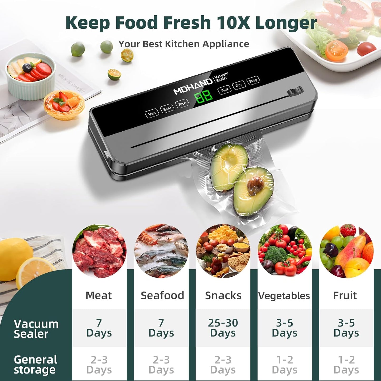 MDHAND Vacuum Sealer - 6 IN 1 Food Saver Vacuum Sealer Machine with 30 Bags & Built-in Cutter, Multi-Functional Strong Suction Automatic Sealing & Dry & Moist Modes Ideal for Home Kitchen Use
