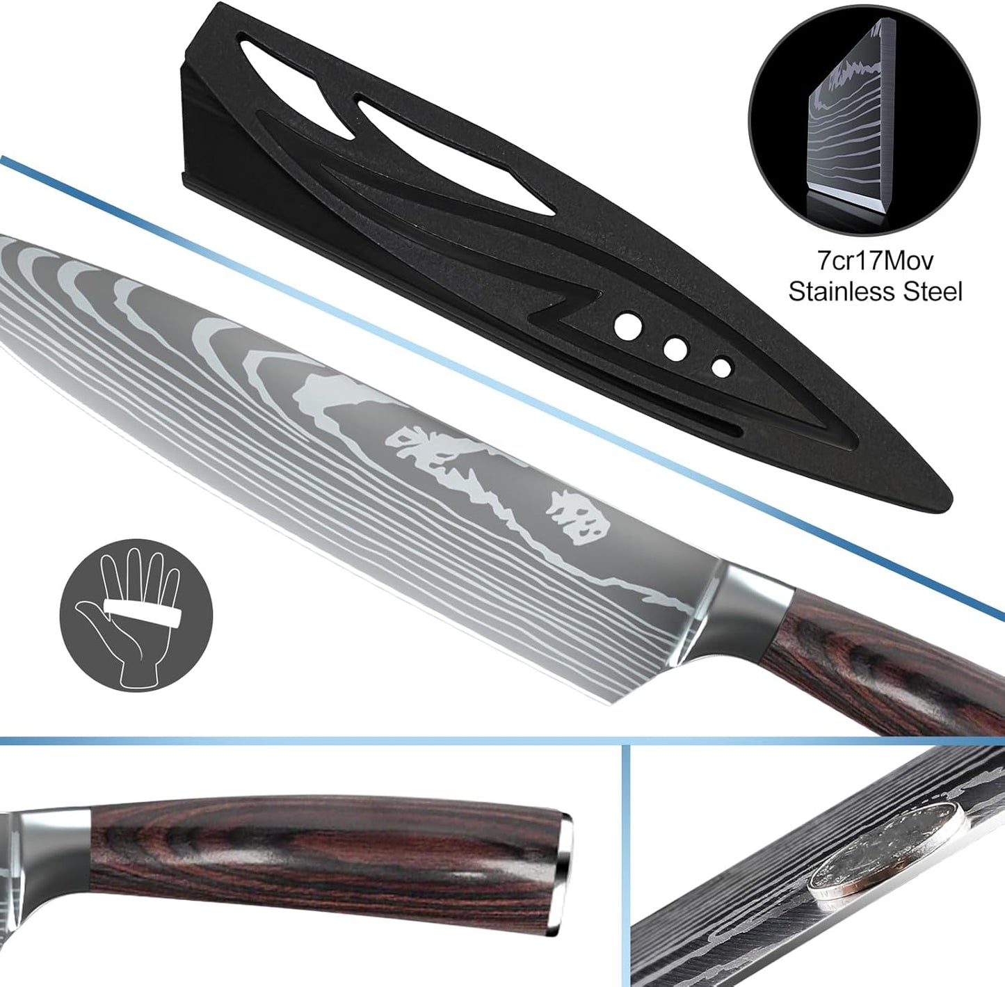 MDHAND Küchenmesser Set, 8-teiliges professionelles Messerset mit Tasche, Extrem Scharf Profi Kochmesser Set mit Ergonomischen Pakkaholz Griffen für Haus und Restaurant