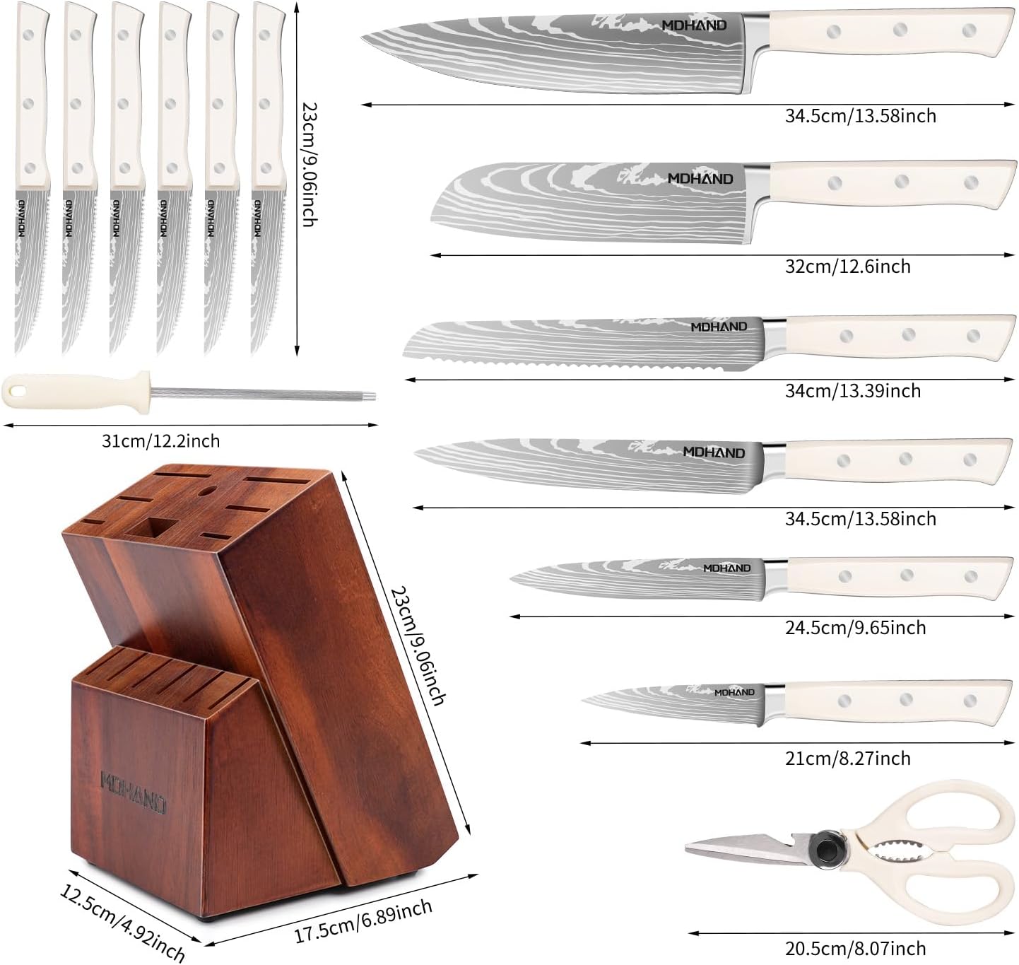 Messerblock mit Messerset, Profi Messerset mit 6 pcs Küchenmesser, 6 Steak Messer, Schere, Messerschärfer und Messerhalter, Hochwertiges Küchenmesser Set mit Block, Scharf Profi Kochmesser Set