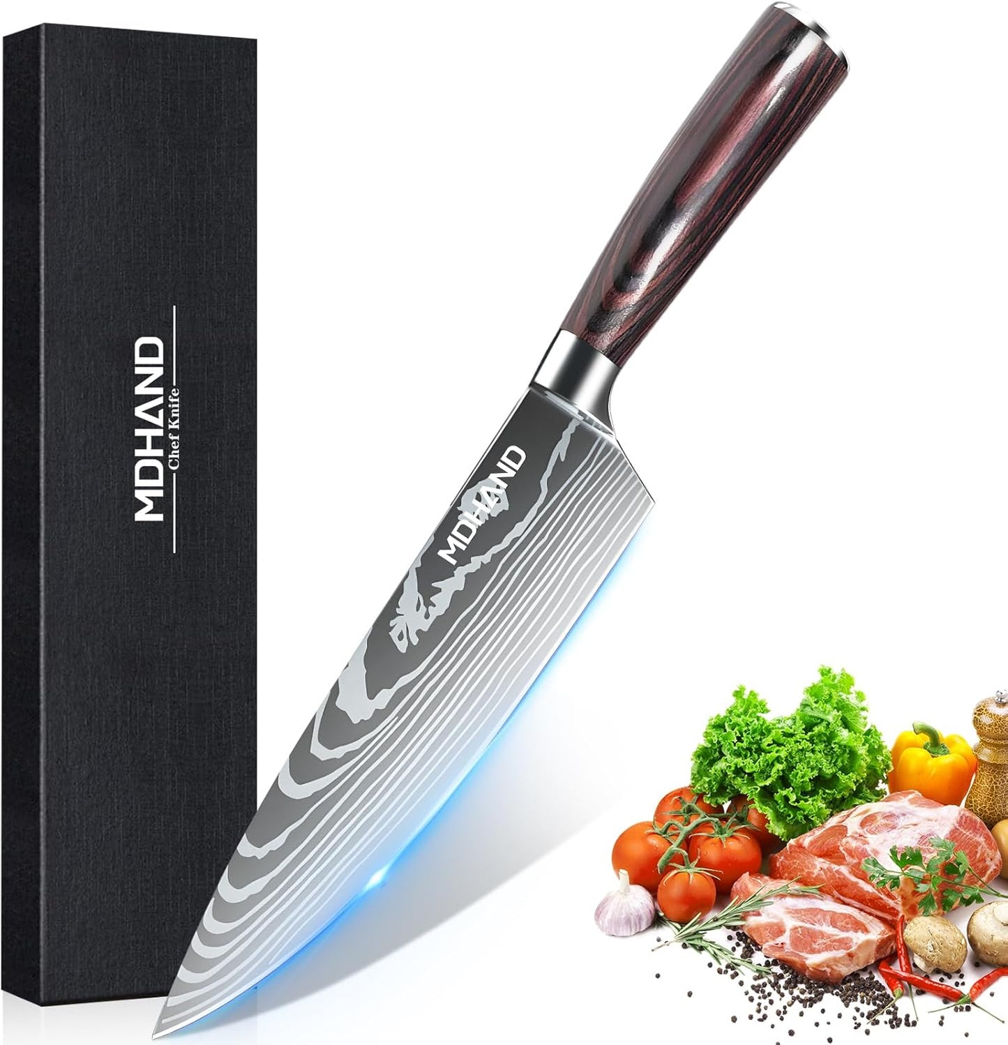 MDHAND 8" Japanese Chef Knife - Ultra Sharp Kitchen Knife, Forged High Carbon German Stainless Steel Cooking Knife with Ergonomic Pakkawood Handle, Gift Box For Family or Holiday
