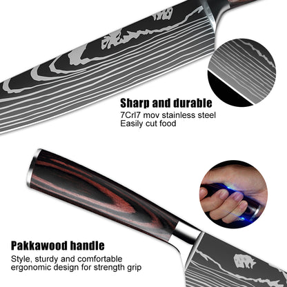 MDHAND 10 Types of Chef Knives, Kitchen Knife with Pattern, Stainless Steel Kitchen Knife with Knife Cover