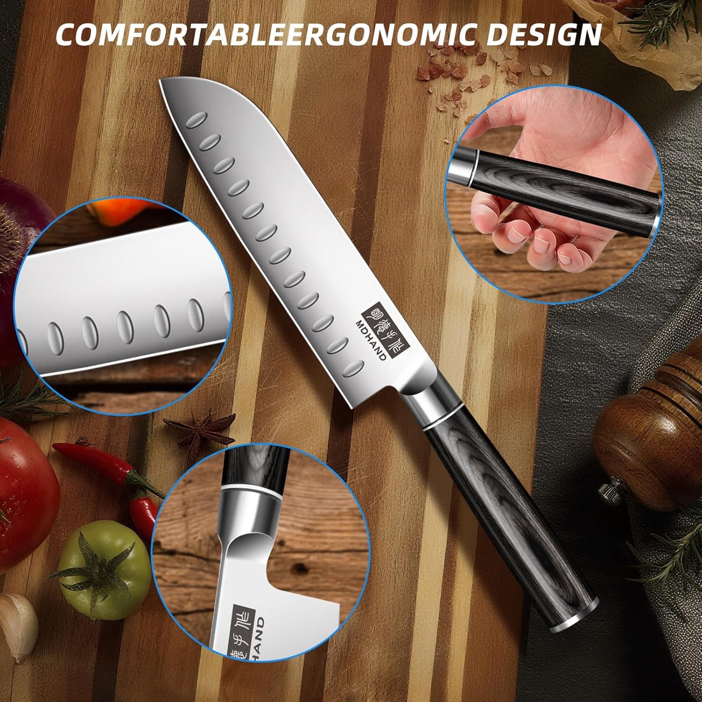 MDHAND Chef Knife Set with Roll Bag, 10PCS Professional Knife Set with Sharpener, High Carbon Stainless Steel Japanese Kitchen Knives - Black Pakkawood Handle, Dishwasher Safe, For Outdoor, Chef Gifts