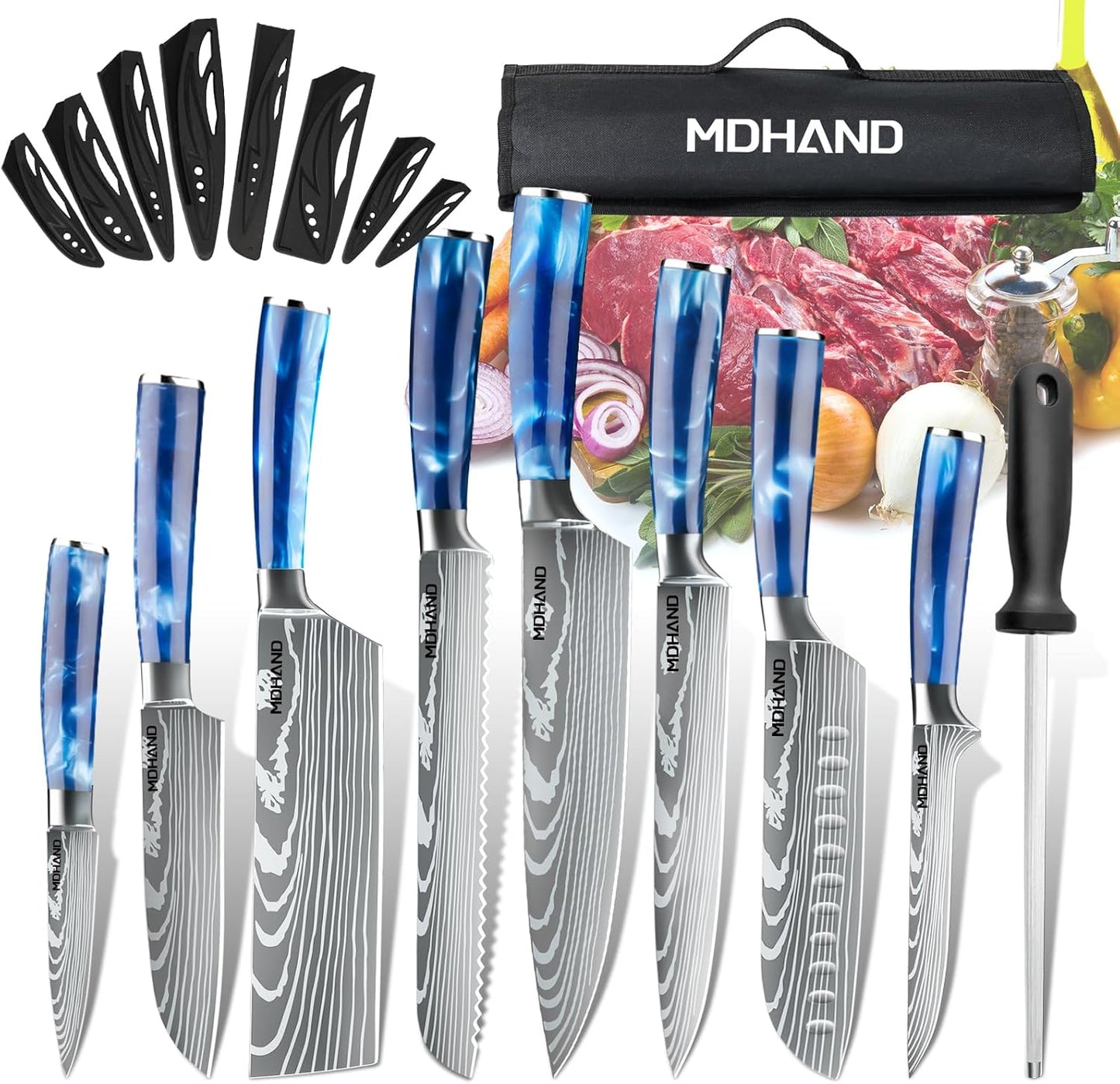 MDHAND Küchenmesser Set, 8-teiliges professionelles Messerset mit Tasche, High Carbon Edelstahl Küchenchef Extrem Scharf Profi Kochmesser Set
