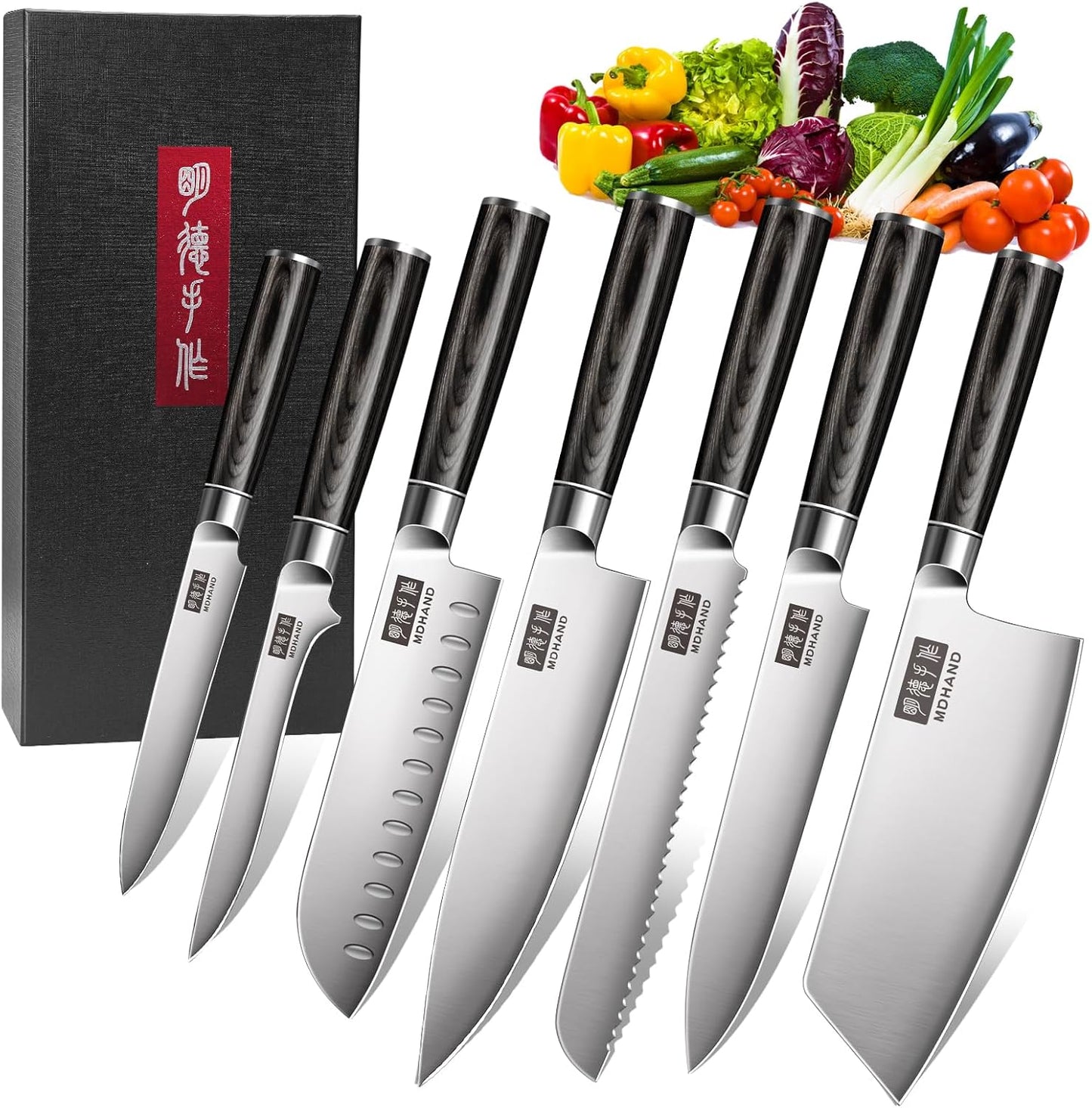 MDHAND 7-teilig Küchenmesser Set, Messerset aus hochwertigem Edelstahl, Profi Kochmesser mit Scharfer Klinge, Küchenmesser mit Geschenkbox, ergonomischem Holzgriff Messer Set