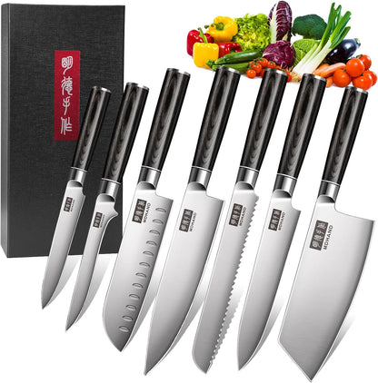 MDHAND 7-teilig Küchenmesser Set, Messerset aus hochwertigem Edelstahl, Profi Kochmesser mit Scharfer Klinge, Küchenmesser mit Geschenkbox, ergonomischem Holzgriff Messer Set