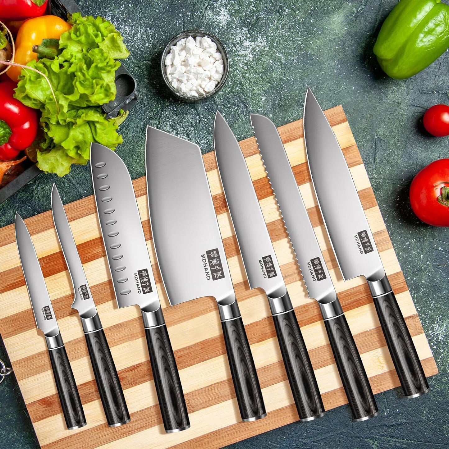 MDHAND 7-teilig Küchenmesser Set, Messerset aus hochwertigem Edelstahl, Profi Kochmesser mit Scharfer Klinge, Küchenmesser mit Geschenkbox, ergonomischem Holzgriff Messer Set