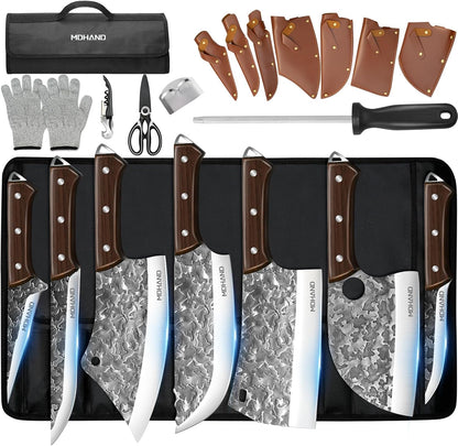 MDHAND 14PCS Professional Butcher Knife Set with Roll Bag, Heavy Duty Meat Cleaver, Boning Knife, Viking Knives, Hand Forged Chef Knife Set, Meat Cutting Knife for Kitchen, Gift for Men, BBQ, Camping