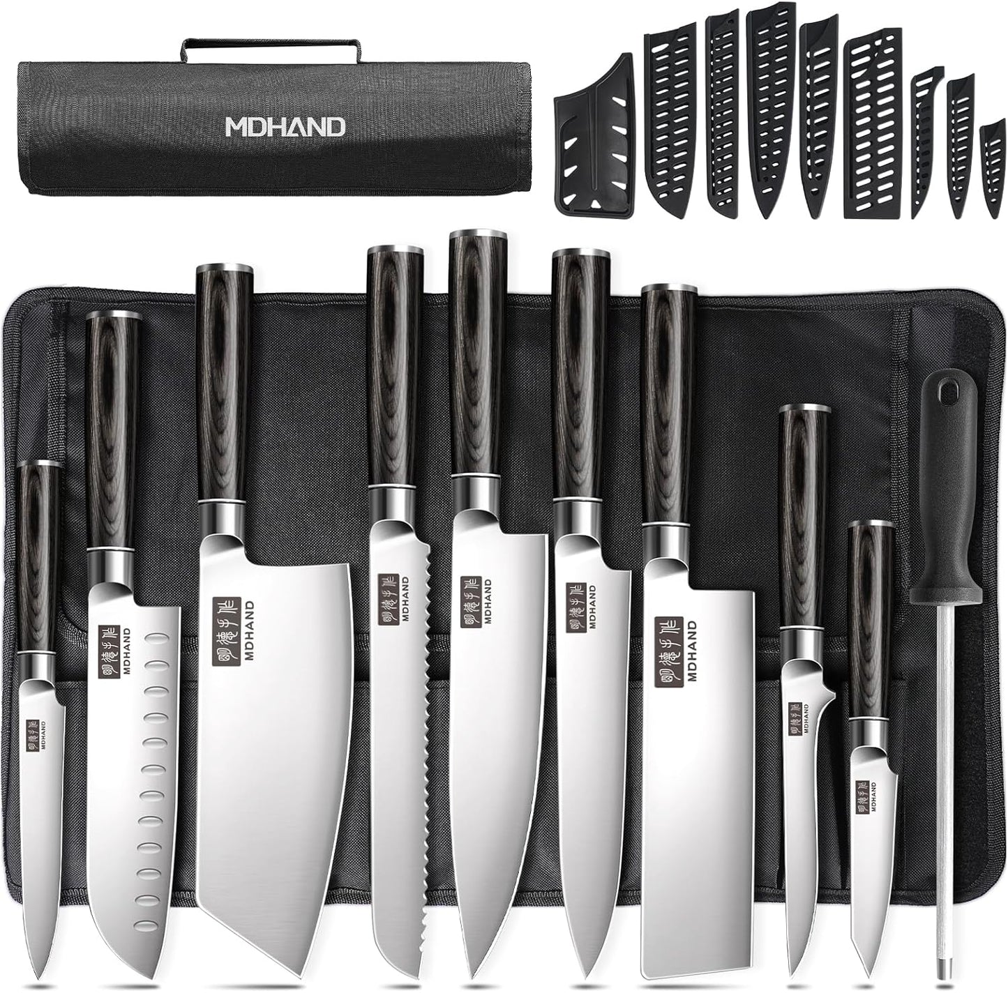 MDHAND Chef Knife Set with Roll Bag, 10PCS Professional Knife Set with Sharpener, High Carbon Stainless Steel Japanese Kitchen Knives - Black Pakkawood Handle, Dishwasher Safe, For Outdoor, Chef Gifts