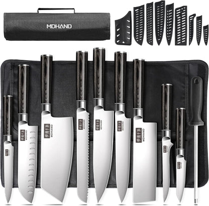 MDHAND Chef Knife Set with Roll Bag, 10PCS Professional Knife Set with Sharpener, High Carbon Stainless Steel Japanese Kitchen Knives - Black Pakkawood Handle, Dishwasher Safe, For Outdoor, Chef Gifts