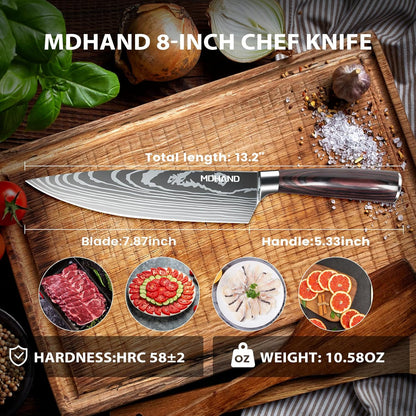 MDHAND 8" Japanese Chef Knife - Ultra Sharp Kitchen Knife, Forged High Carbon German Stainless Steel Cooking Knife with Ergonomic Pakkawood Handle, Gift Box For Family or Holiday