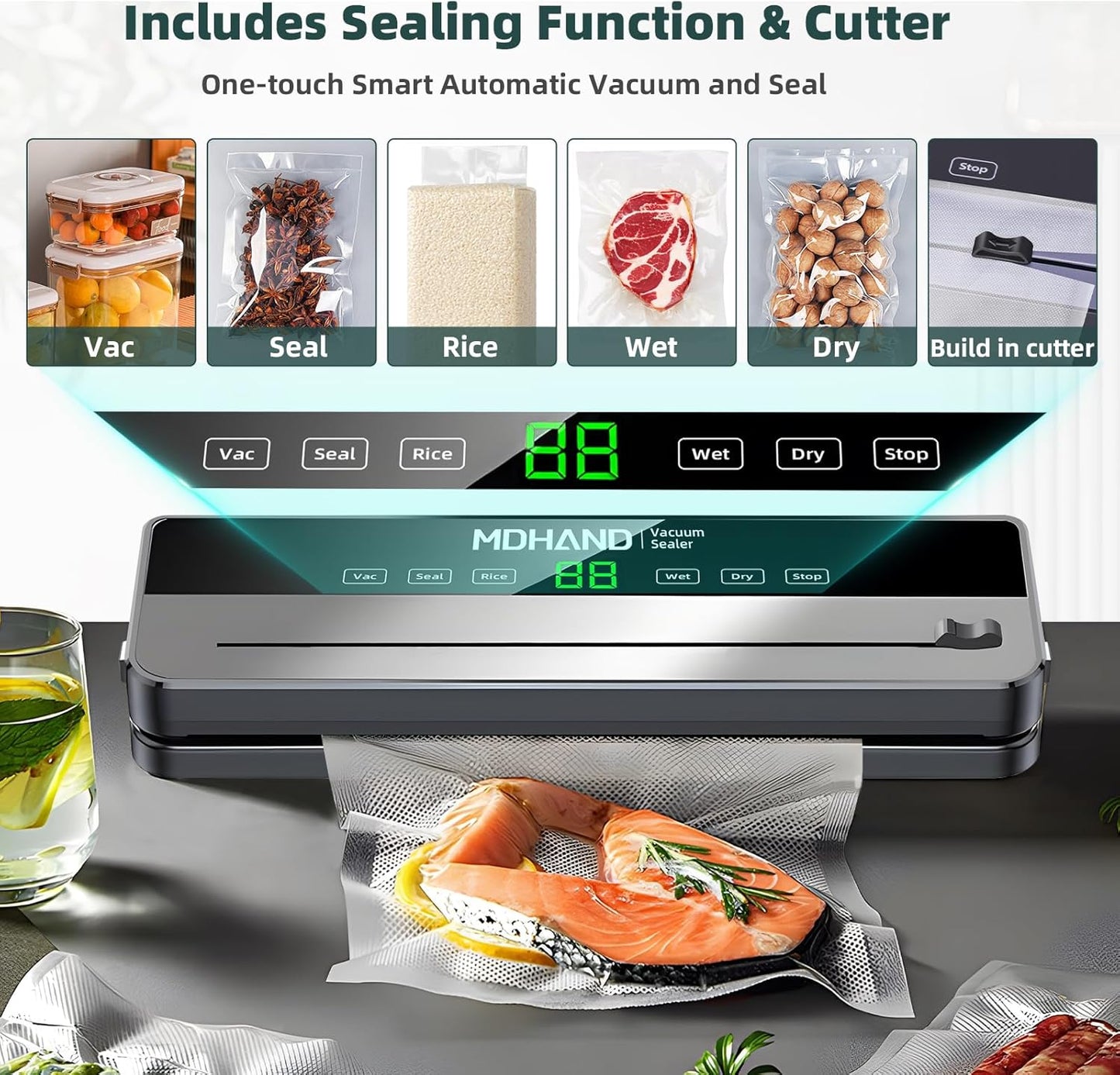 MDHAND Vacuum Sealer - 6 IN 1 Food Saver Vacuum Sealer Machine with 30 Bags & Built-in Cutter, Multi-Functional Strong Suction Automatic Sealing & Dry & Moist Modes Ideal for Home Kitchen Use