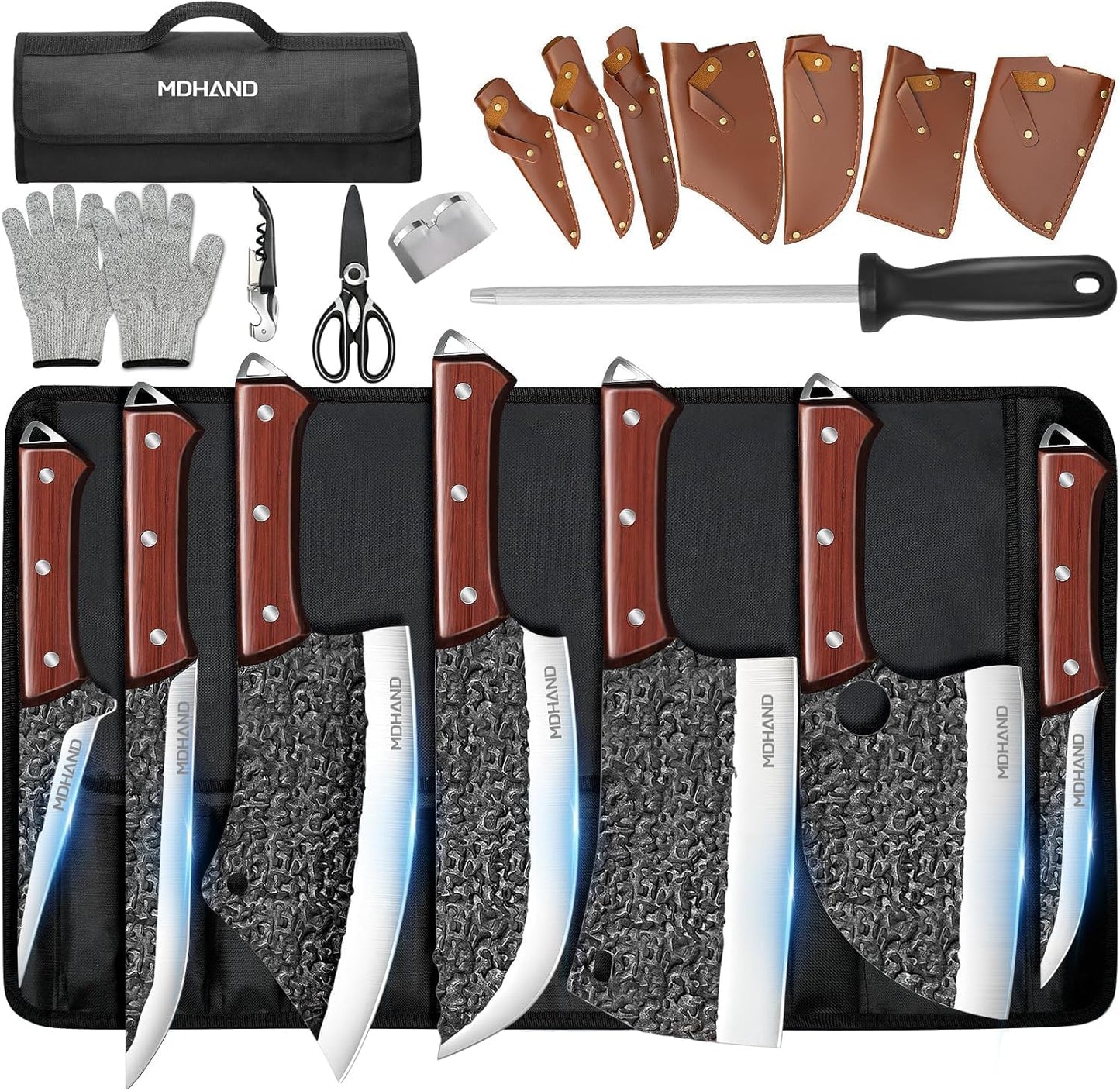 MDHAND 14PCS Professional Butcher Knife Set with Roll Bag, Heavy Duty Meat Cleaver, Boning Knife, Viking Knives, Hand Forged Chef Knife Set, Meat Cutting Knife for Kitchen, Gift for Men, BBQ, Camping