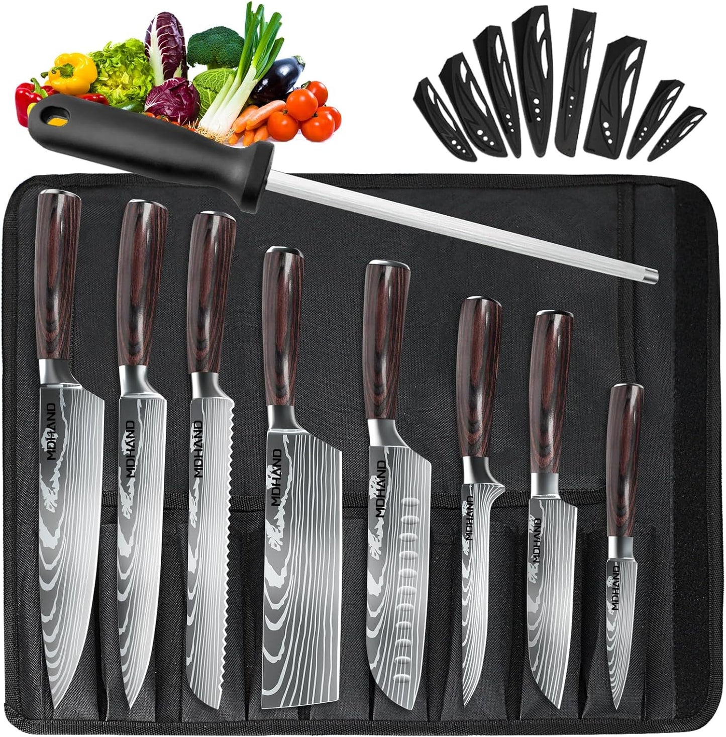 MDHAND Küchenmesser Set, 8-teiliges professionelles Messerset mit Tasche, Extrem Scharf Profi Kochmesser Set mit Ergonomischen Pakkaholz Griffen für Haus und Restaurant