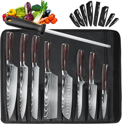 MDHAND Küchenmesser Set, 8-teiliges professionelles Messerset mit Tasche, Extrem Scharf Profi Kochmesser Set mit Ergonomischen Pakkaholz Griffen für Haus und Restaurant