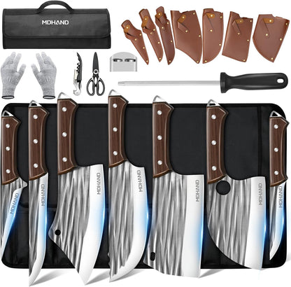 MDHAND 14PCS Professional Butcher Knife Set with Roll Bag, Heavy Duty Meat Cleaver, Boning Knife, Viking Knives, Hand Forged Chef Knife Set, Meat Cutting Knife for Kitchen, Gift for Men, BBQ, Camping