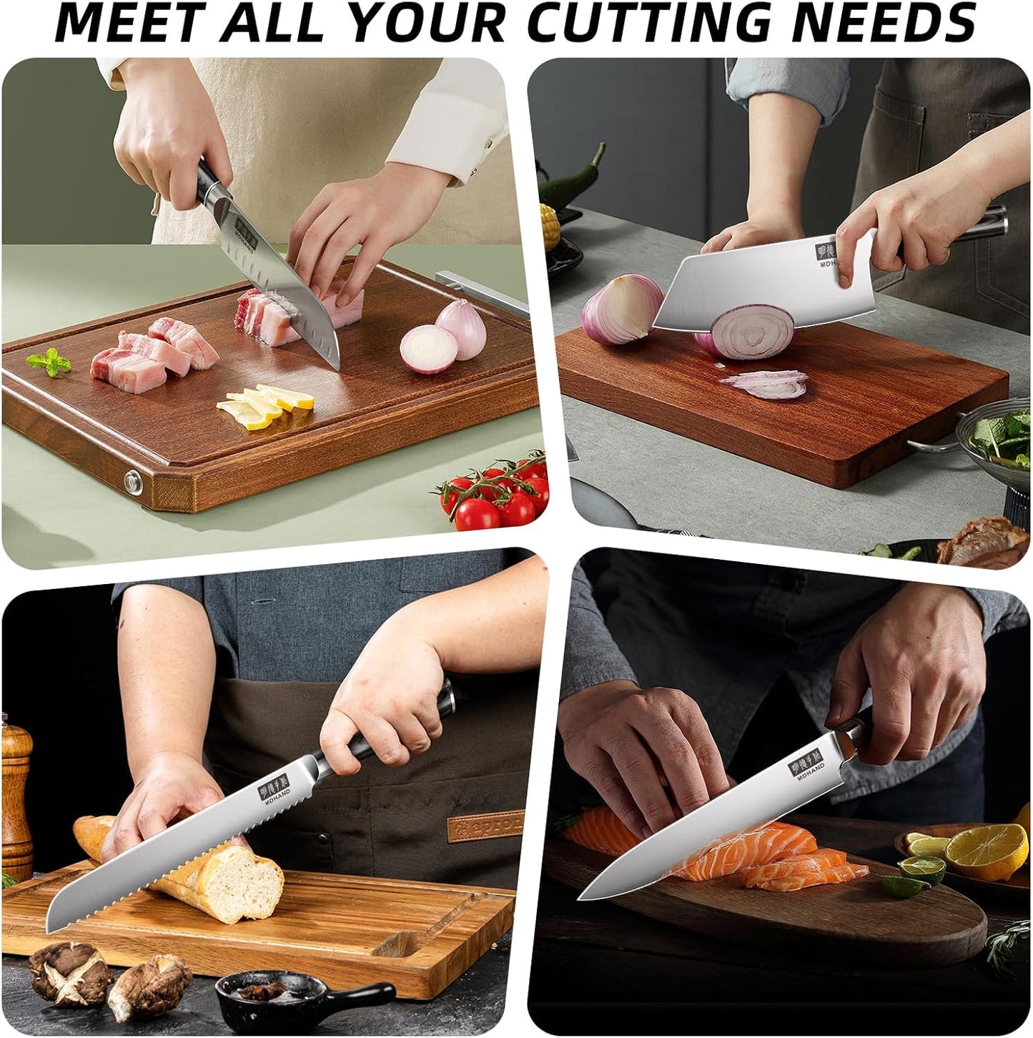 MDHAND Chef Knife Set with Roll Bag, 10PCS Professional Knife Set with Sharpener, High Carbon Stainless Steel Japanese Kitchen Knives - Black Pakkawood Handle, Dishwasher Safe, For Outdoor, Chef Gifts