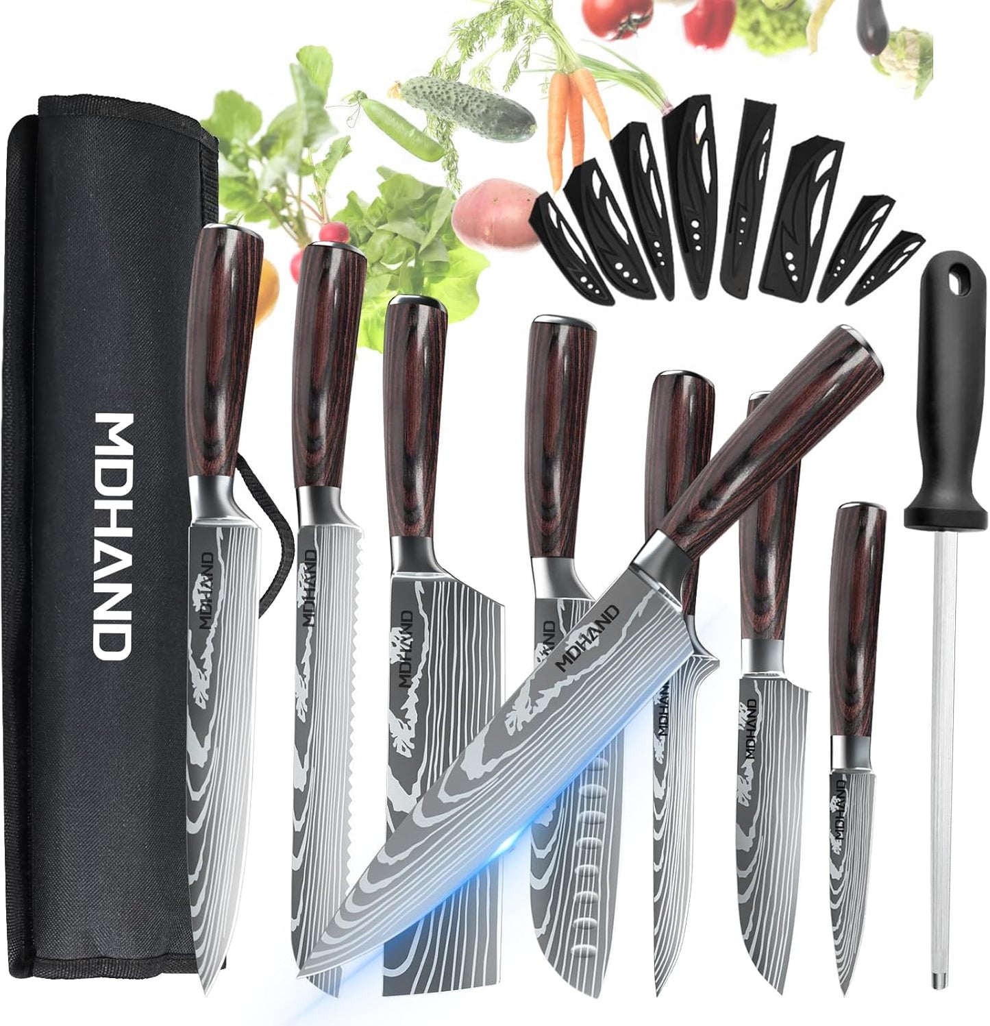 MDHAND Küchenmesser Set, 8-teiliges professionelles Messerset mit Tasche, Extrem Scharf Profi Kochmesser Set mit Ergonomischen Pakkaholz Griffen für Haus und Restaurant