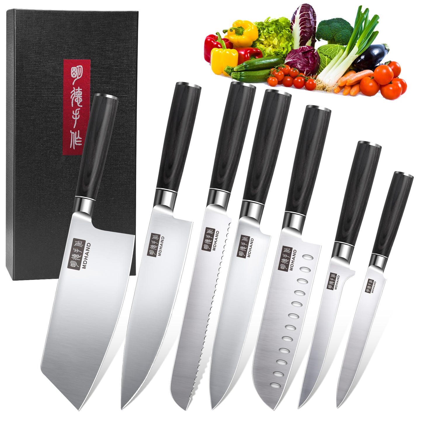 MDHAND Kitchen Knife Set - 7 Piece High-Carbon Stainless Steel Chef Knife Set, Ultra Sharp Professional Knives Set for Meat Vegetables Fruit, Rust Resistant, Ergonomic Handle
