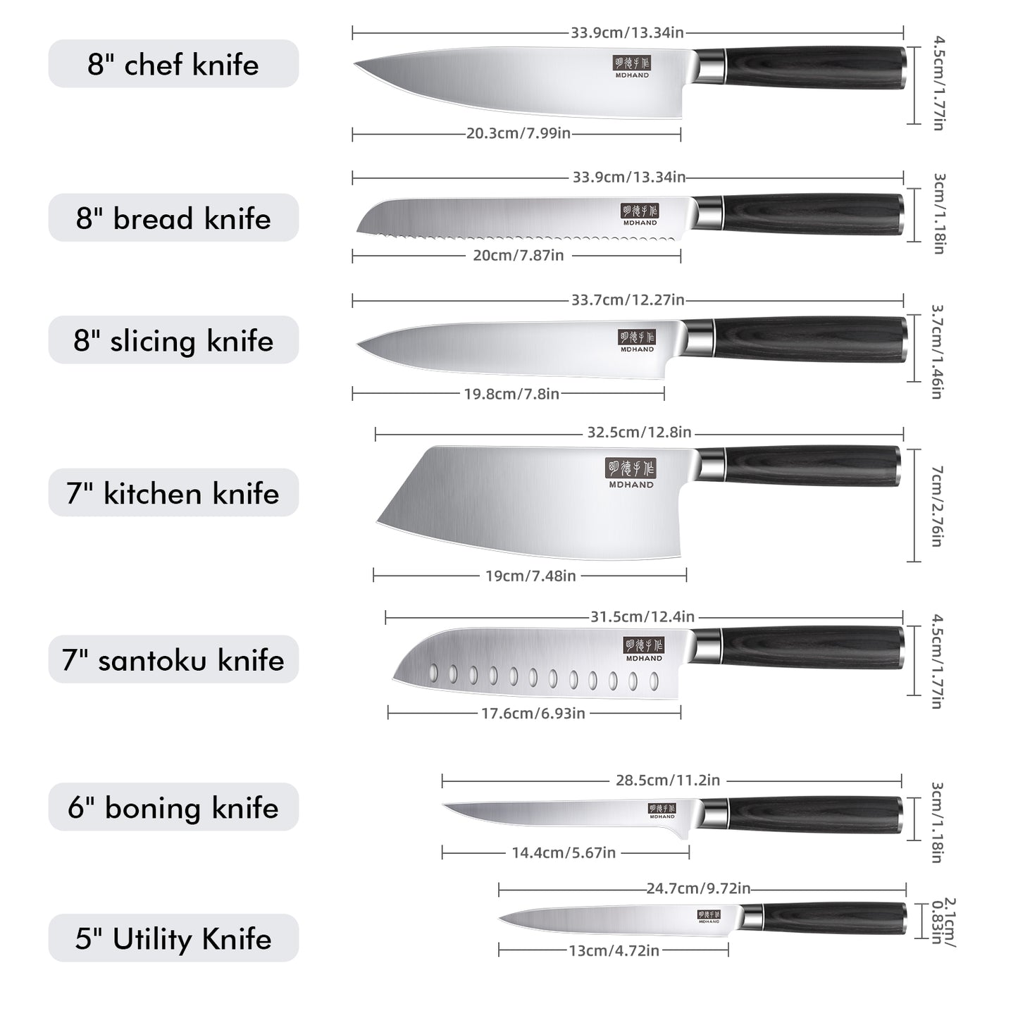 MDHAND Kitchen Knife Set - 7 Piece High-Carbon Stainless Steel Chef Knife Set, Ultra Sharp Professional Knives Set for Meat Vegetables Fruit, Rust Resistant, Ergonomic Handle