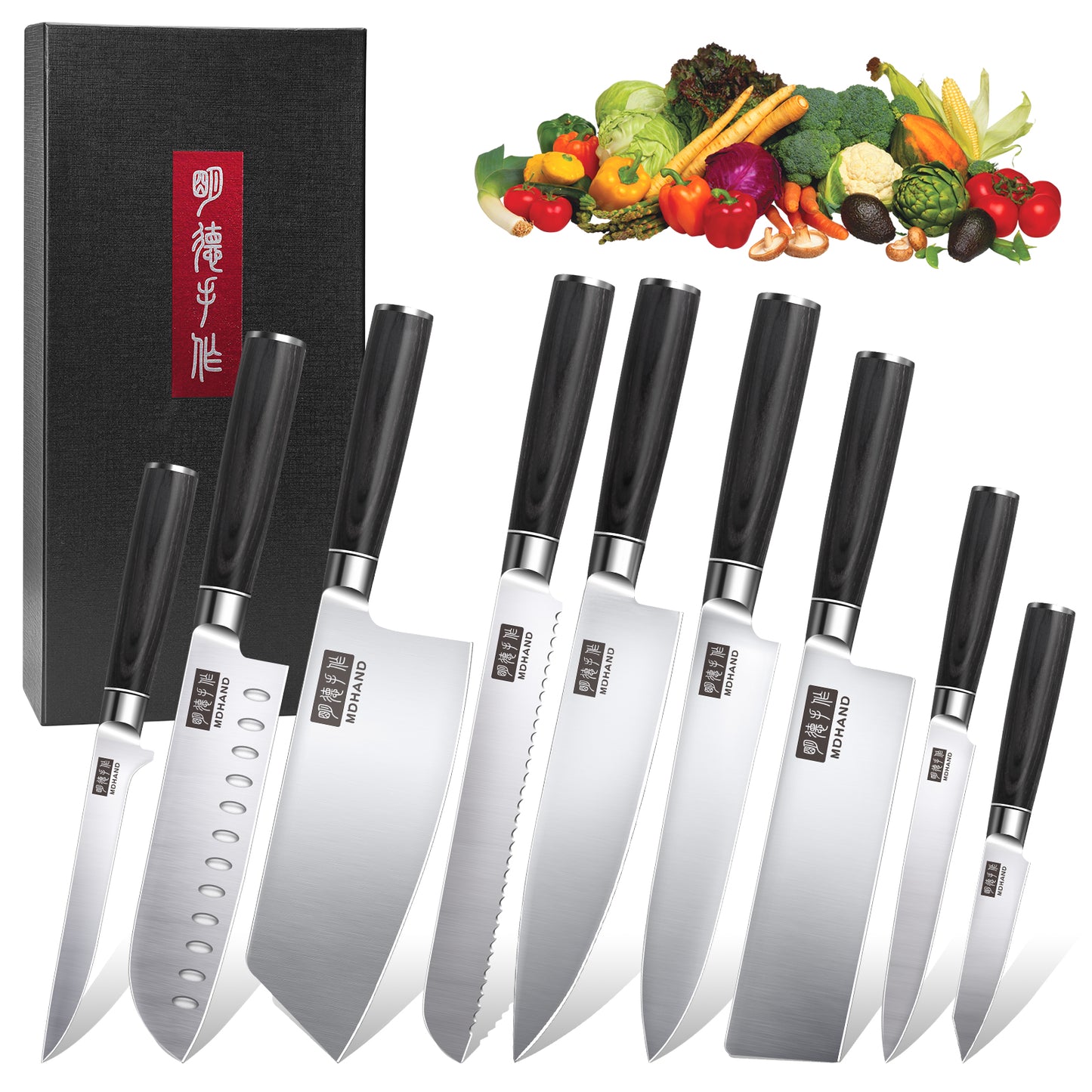 MDHAND Kitchen Knife Set - 9 Piece High-Carbon Stainless Steel Chef Knife Set, Ultra Sharp Professional Knives Set for Meat Vegetables Fruit, Rust Resistant, Ergonomic Handle
