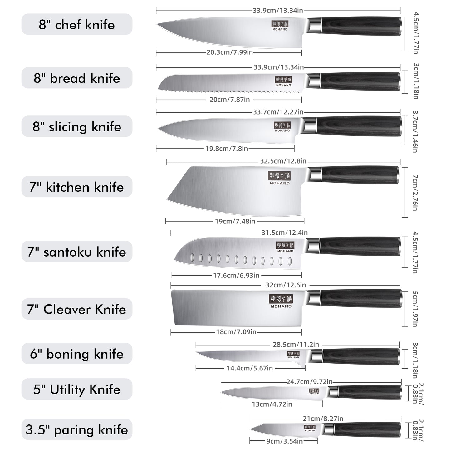 MDHAND Kitchen Knife Set - 9 Piece High-Carbon Stainless Steel Chef Knife Set, Ultra Sharp Professional Knives Set for Meat Vegetables Fruit, Rust Resistant, Ergonomic Handle