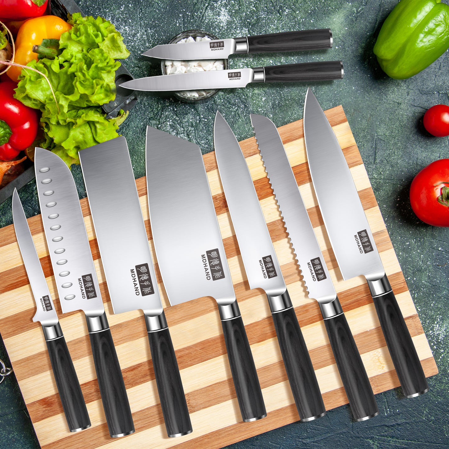 MDHAND Kitchen Knife Set - 9 Piece High-Carbon Stainless Steel Chef Knife Set, Ultra Sharp Professional Knives Set for Meat Vegetables Fruit, Rust Resistant, Ergonomic Handle
